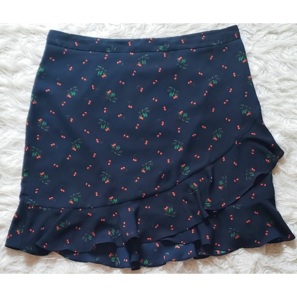 Banana Republic Cherry Print Skirt Ruffle Navy Blue Retro Rockabilly Red